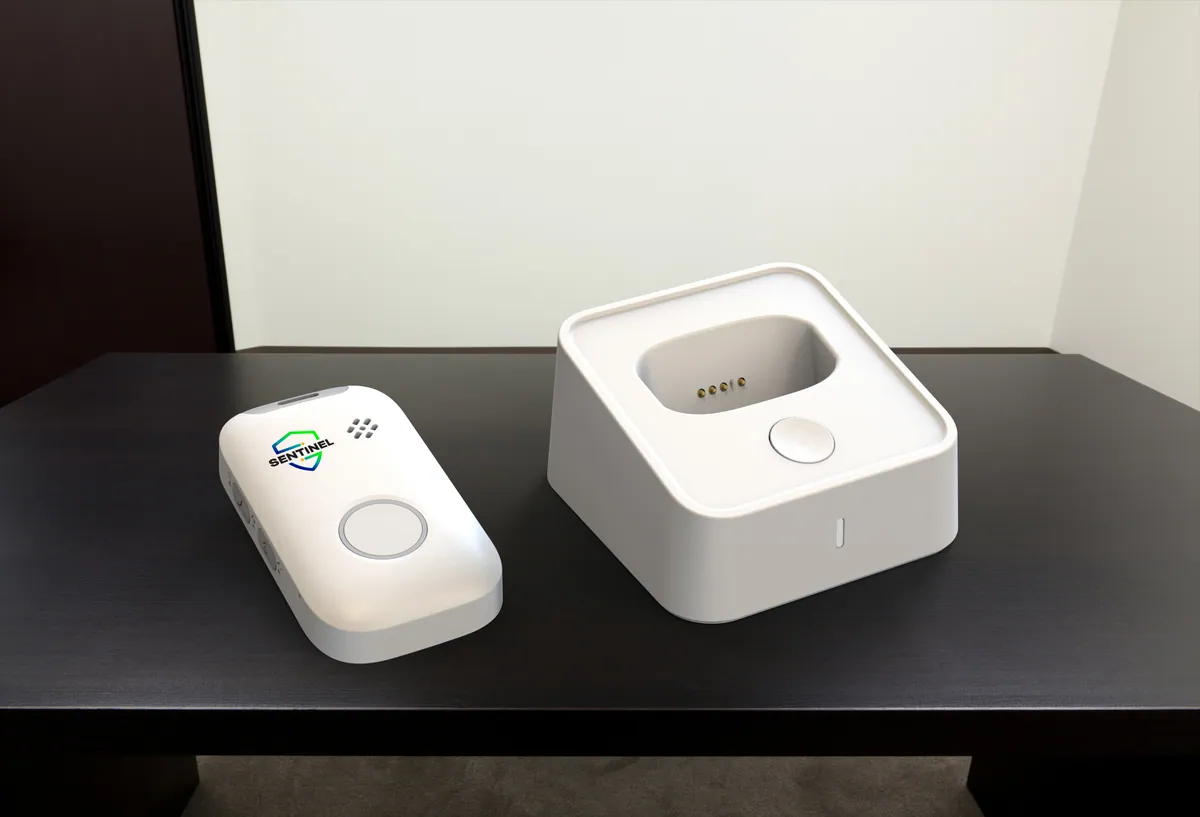 A Sentinel Pulse and its charging dock side by side on a table