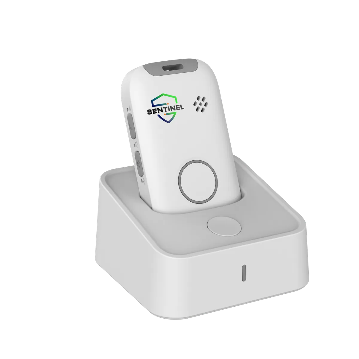 Sentinel Pulse in white, seated in its charging dock