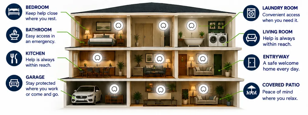 Cutaway view of a home showing where Sentinel Companion devices can be placed: bedroom, bathroom, kitchen, garage, laundry room, living room, entryway, and covered patio.