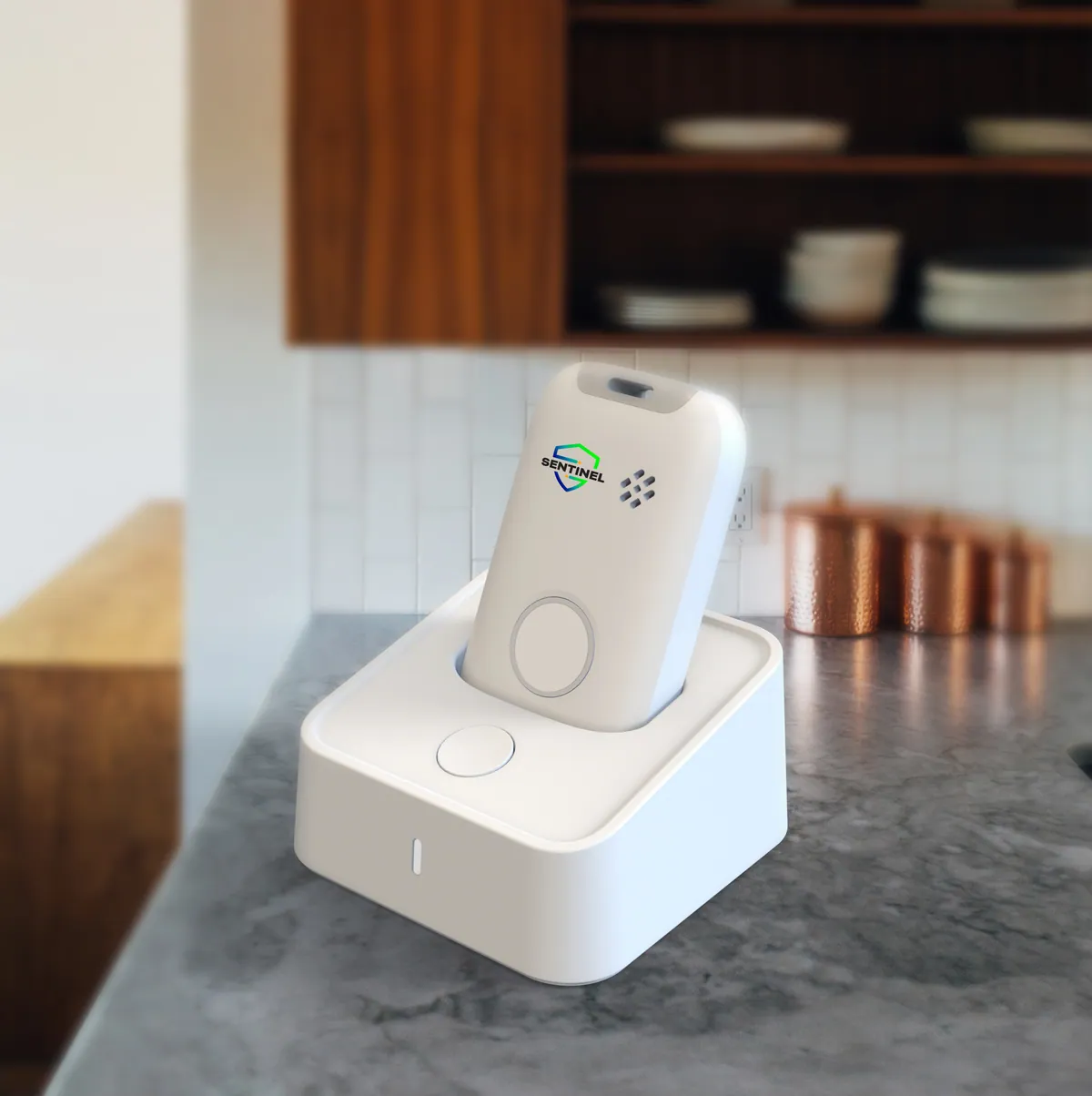 A Sentinel Pulse resting in its charging dock on a kitchen counter